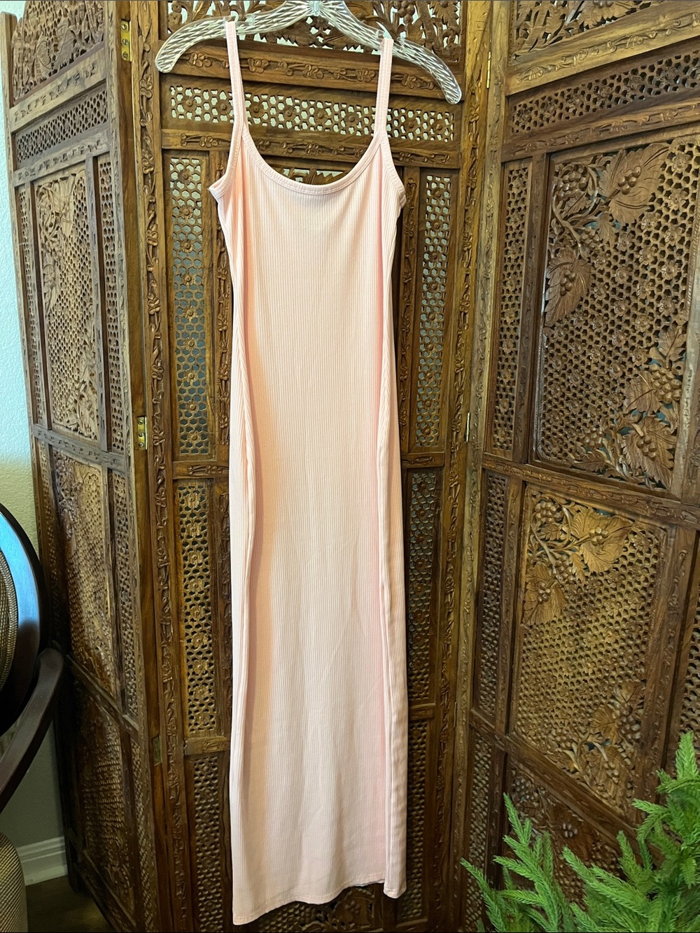 Light Blush Ribbed Spaghetti-Strap Maxi Dress